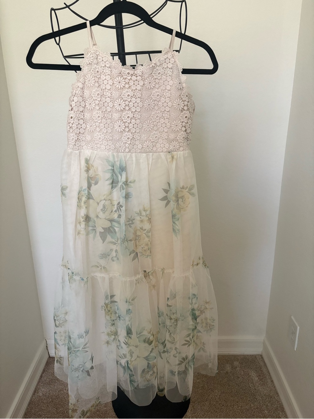 Nordstrom/Zunie Girls Pink Lace Bodice Cream Floral Maxi Dress